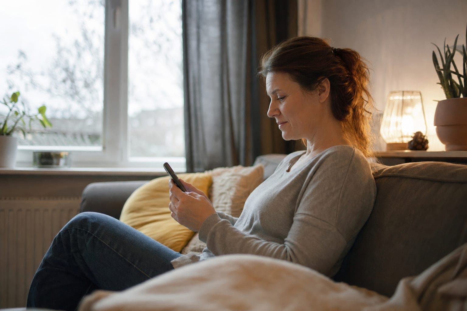 Fachkraft zuhause auf dem Sofa mit dem Telefon in der Hand
